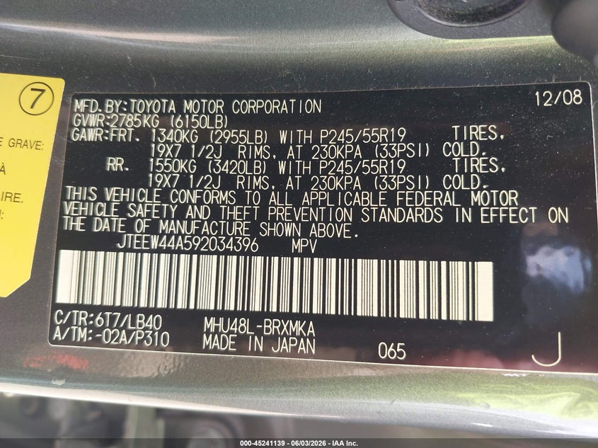 2009 Toyota Highlander hybrid VIN JTEEW44A592034396 IAAI salvage auction — RIGHT FRONT, Salvage (Texas), sold $1,500 on 2026-07-07 (photo 9)