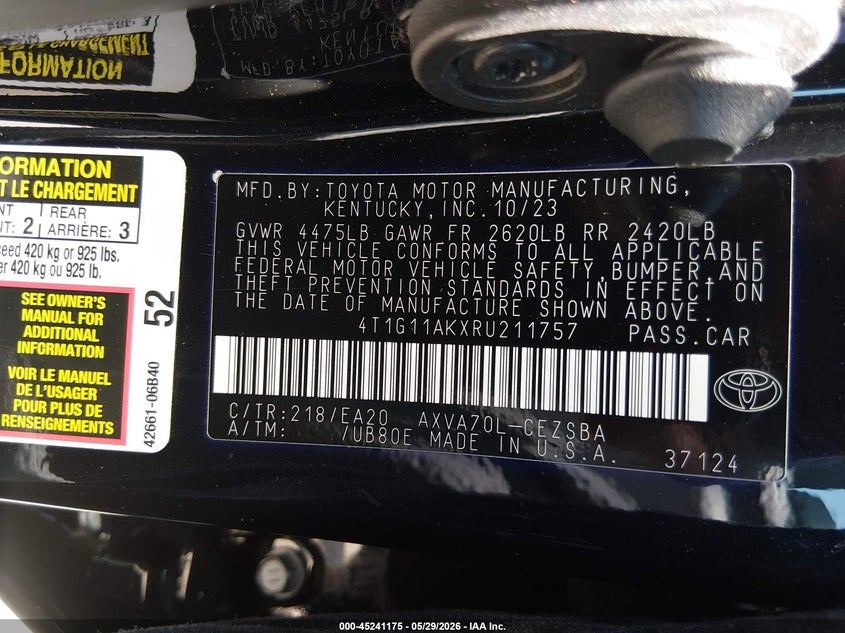 2024 Toyota Camry VIN 4T1G11AKXRU211757 IAAI salvage auction — RIGHT FRONT, Salvage Title, sold $7,875 on 2026-07-28 (photo 9)