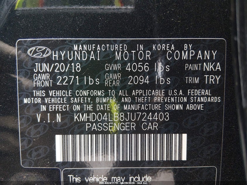 2018 Hyundai Elantra VIN KMHD04LB8JU724403 IAAI salvage auction — LEFT FRONT, Salvage Title, sold $2,950 on 2026-07-28 (photo 9)