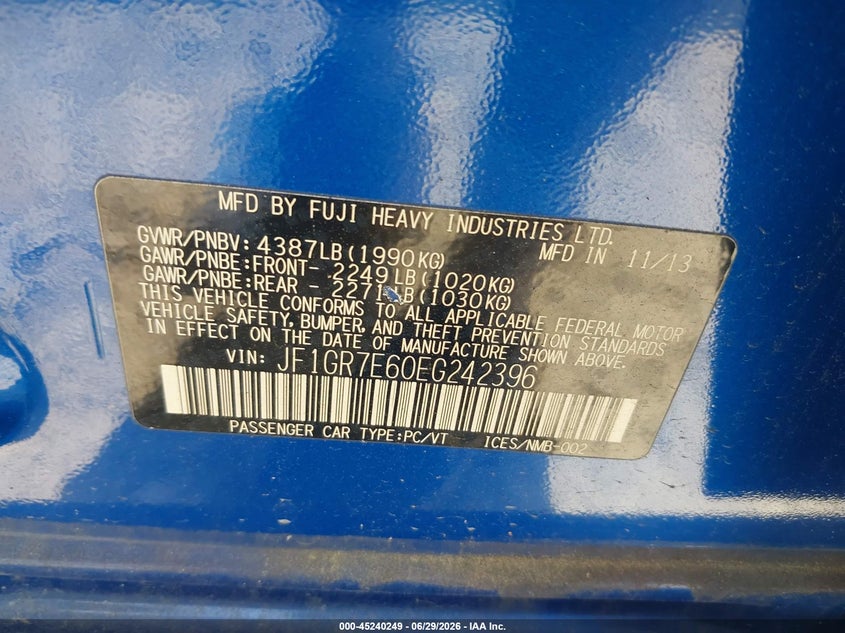 2014 Subaru Impreza wrx VIN JF1GR7E60EG242396 IAAI salvage auction — FRONT END, Wait Title, sold $2,150 on 2026-09-06 (photo 9)