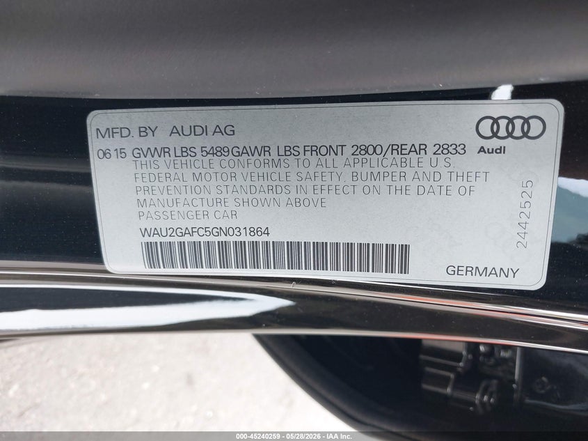 2016 Audi A7 VIN WAU2GAFC5GN031864 IAAI salvage auction — LEFT FRONT, Salvage Title, sold $9,100 on 2026-07-31 (photo 9)