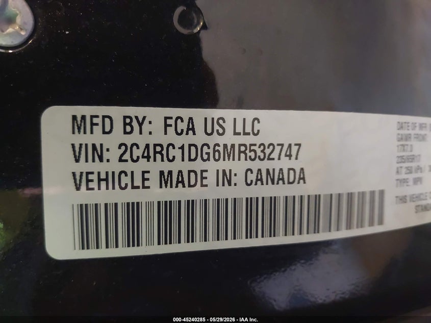 2021 Chrysler Voyager VIN 2C4RC1DG6MR532747 IAAI salvage auction — FRONT END, Salvage Title, sold $3,950 on 2026-07-08 (photo 9)