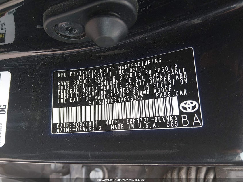 2017 Toyota Corolla VIN 5YFBURHE3HP676297 IAAI salvage auction — FRONT & REAR, Salvage Title, sold $2,900 on 2026-07-28 (photo 9)