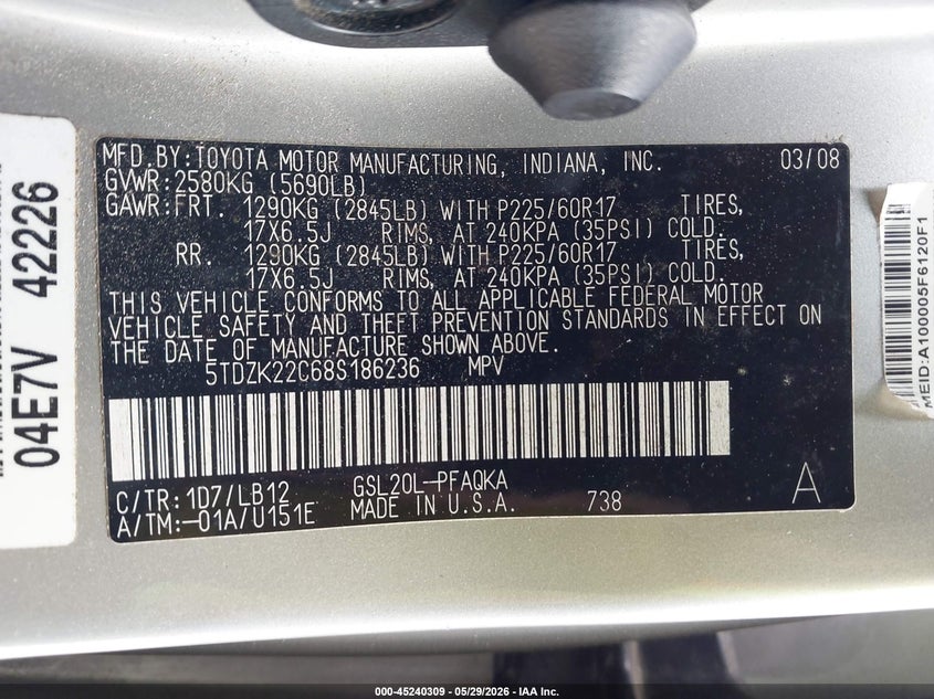 2008 Toyota Sienna VIN 5TDZK22C68S186236 IAAI salvage auction — REAR END, Salvage (Georgia), sold $850 on 2026-07-10 (photo 9)