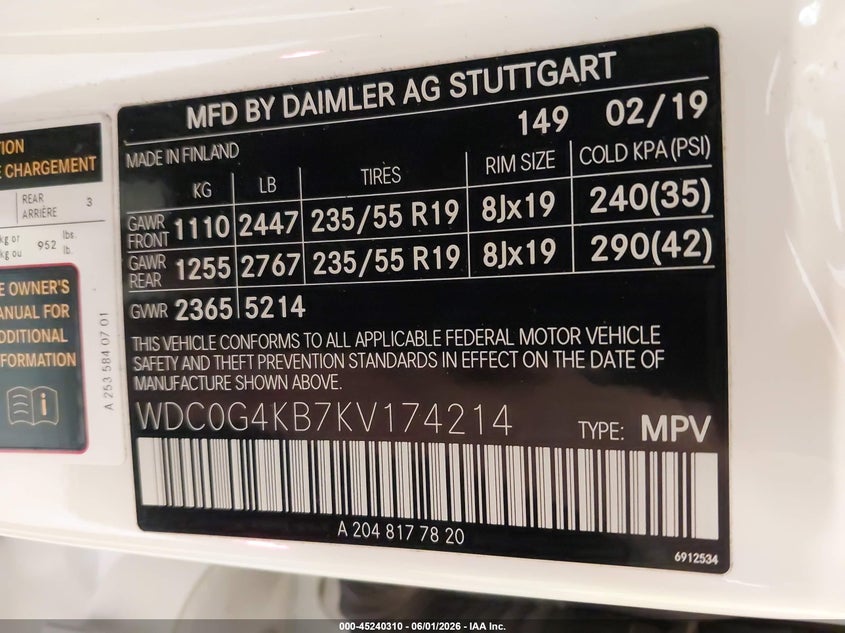 2019 Mercedes-benz Glc VIN WDC0G4KB7KV174214 IAAI salvage auction — FRONT END, Salvage Title, sold $10,750 on 2026-07-21 (photo 9)