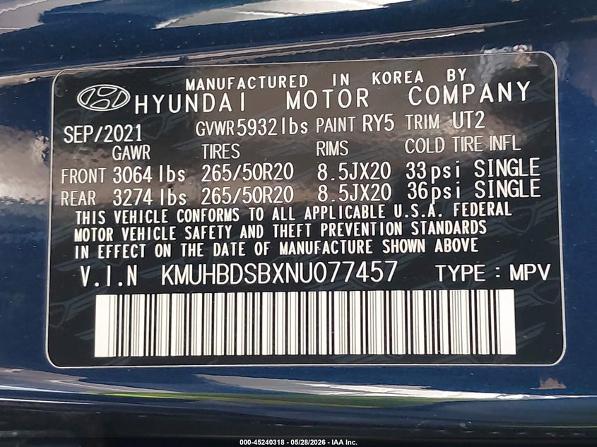 2022 Genesis Gv80 VIN KMUHBDSBXNU077457 IAAI salvage auction — HAIL, Salvage Title, sold $10,600 on 2026-07-29 (photo 9)