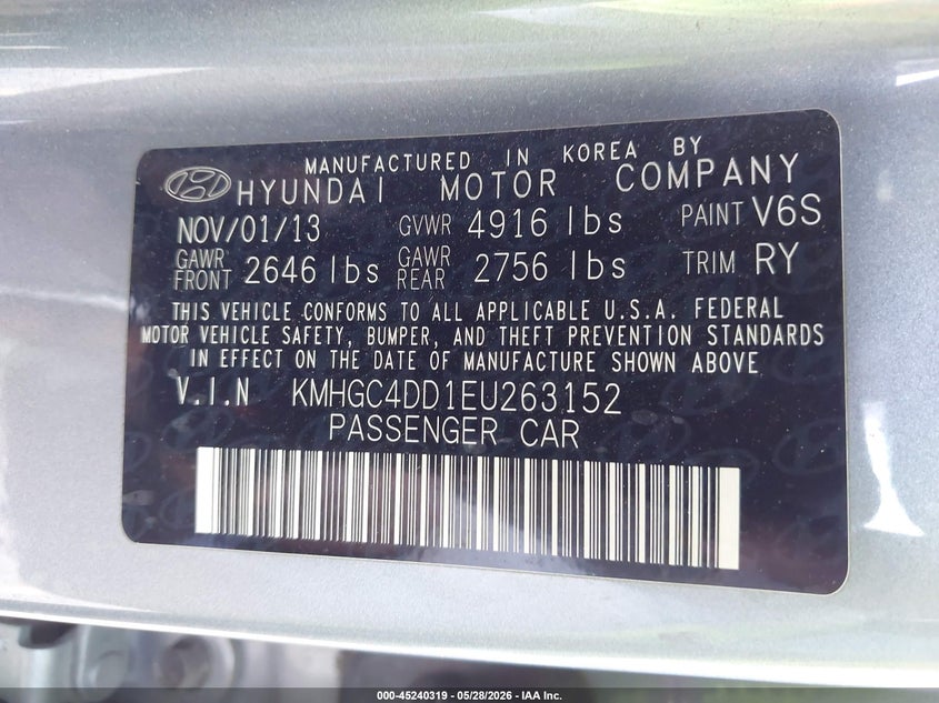2014 Hyundai Genesis VIN KMHGC4DD1EU263152 IAAI salvage auction — NORMAL WEAR, Clear - Dealer Only (California), sold $750 on 2026-07-07 (photo 9)