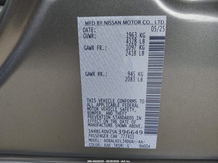 2025 Nissan Altima VIN 1N4BL4DV2SN396649 IAAI salvage auction — ELECTRICAL, Salvage Title, sold $7,400 on 2026-08-19 (photo 9)