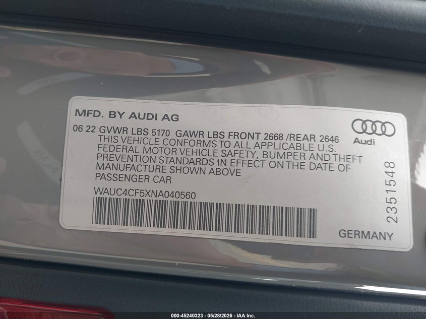 2022 Audi S5 VIN WAUC4CF5XNA040560 IAAI salvage auction — LEFT REAR, Salvage Title, sold $22,525 on 2026-08-19 (photo 9)