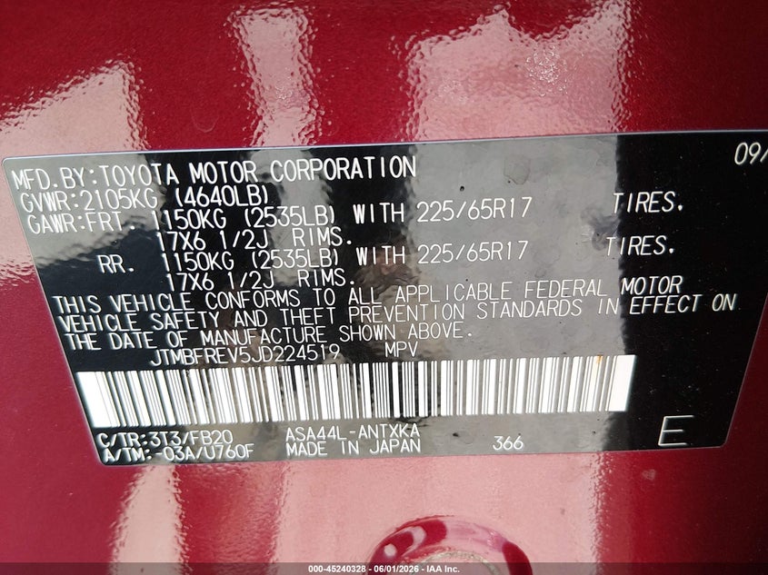 2018 Toyota Rav 4 VIN JTMBFREV5JD224519 IAAI salvage auction — FRONT END, Salvage Title, sold $4,000 on 2026-07-20 (photo 9)