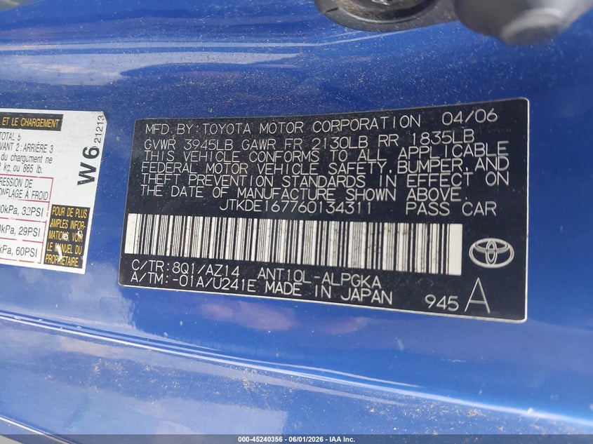2006 Scion Tc VIN JTKDE167760134311 IAAI salvage auction — RIGHT SIDE, Salvage (Georgia), sold $475 on 2026-07-15 (photo 9)