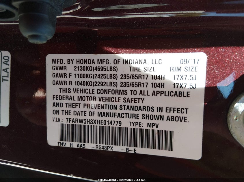 2017 Honda Cr-v VIN 7FARW5H3XHE014779 IAAI salvage auction — FRONT END, Salvage Title, sold $4,850 on 2026-07-26 (photo 9)