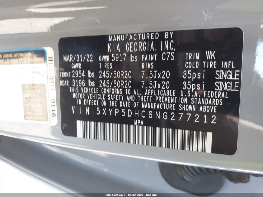 2022 Kia Telluride VIN 5XYP5DHC6NG277212 IAAI salvage auction — ENGINE DAMAGE, Salvage Title, sold $1,750 on 2026-07-07 (photo 9)