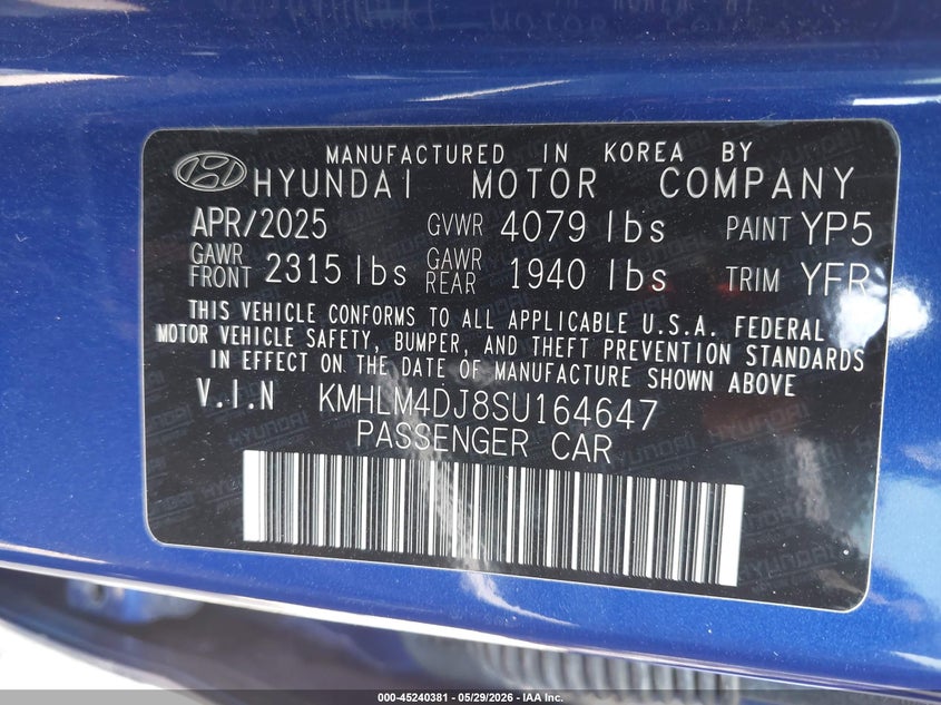 2025 Hyundai Elantra VIN KMHLM4DJ8SU164647 IAAI salvage auction — LEFT SIDE, Salvage Title, sold $1,250 on 2026-07-27 (photo 9)