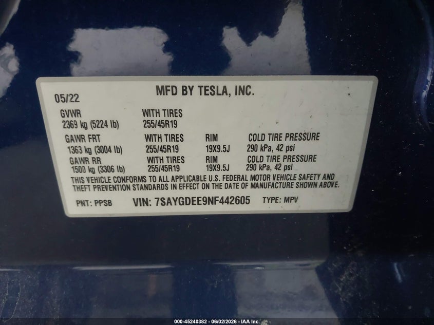 2022 Tesla Model y VIN 7SAYGDEE9NF442605 IAAI salvage auction — SUSPENSION, Salvage Title, sold $8,000 on 2026-07-16 (photo 9)