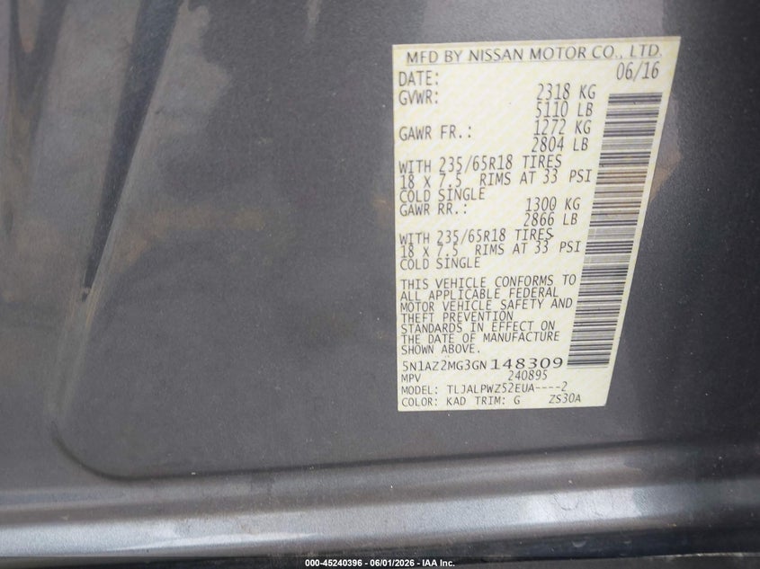 2016 Nissan Murano VIN 5N1AZ2MG3GN148309 IAAI salvage auction — FRONT END, Salvage Title, sold $625 on 2026-07-26 (photo 9)