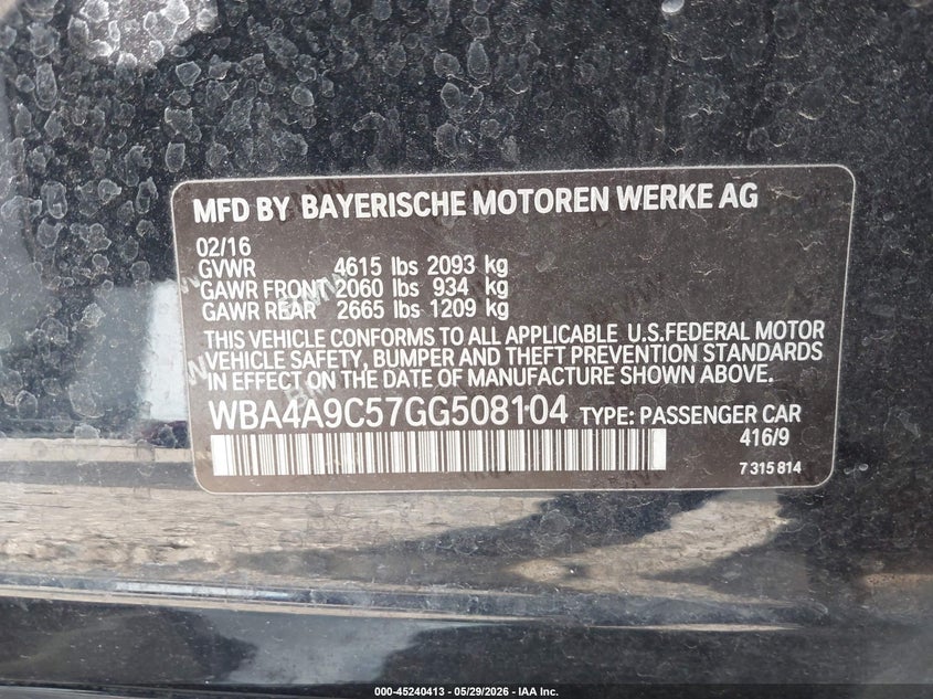 2016 BMW 4er VIN WBA4A9C57GG508104 IAAI salvage auction — RIGHT FRONT, Original (Texas), sold $6,150 on 2026-07-20 (photo 9)