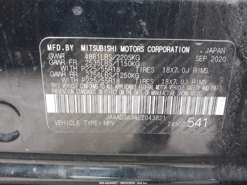 2020 Mitsubishi Outlander VIN JA4AD3A34LZ043821 IAAI salvage auction — FRONT & REAR, Salvage Title, sold $3,000 on 2026-07-06 (photo 9)