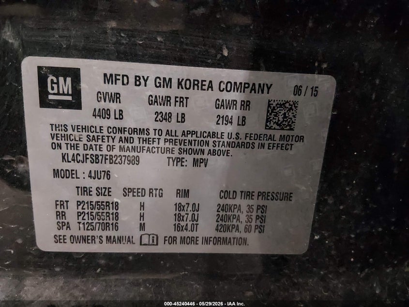 2015 Buick Encore VIN KL4CJFSB7FB237989 IAAI salvage auction — FRONT & REAR, Prior Salvage (Minnesota), sold $700 on 2026-07-14 (photo 9)