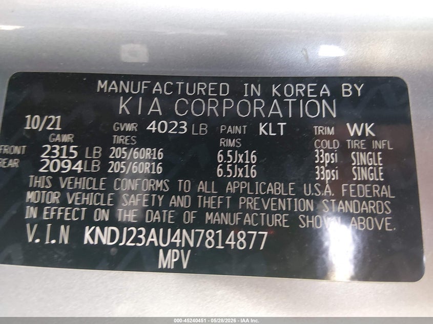 2022 Kia Soul VIN KNDJ23AU4N7814877 IAAI salvage auction — FRONT & REAR, Salvage Title, sold $1,850 on 2026-07-10 (photo 9)