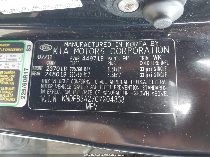 2012 Kia Sportage VIN KNDPB3A27C7204333 IAAI salvage auction — THEFT, Clear (Illinois), sold $1,450 on 2026-07-15 (photo 9)