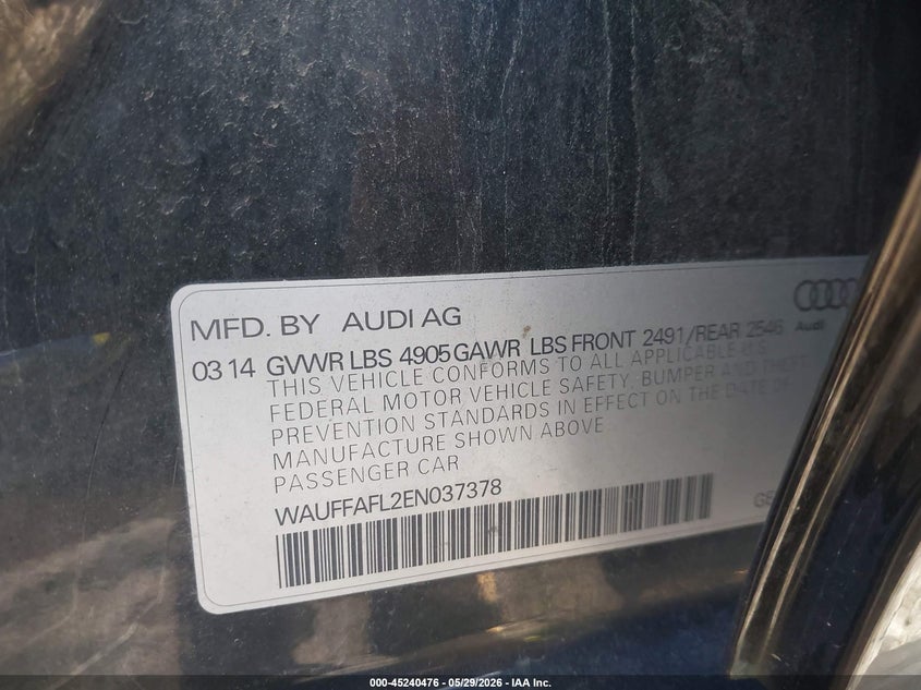 2014 Audi A4 VIN WAUFFAFL2EN037378 IAAI salvage auction — FRONT END, Clear (Indiana), sold $1,350 on 2026-07-11 (photo 9)
