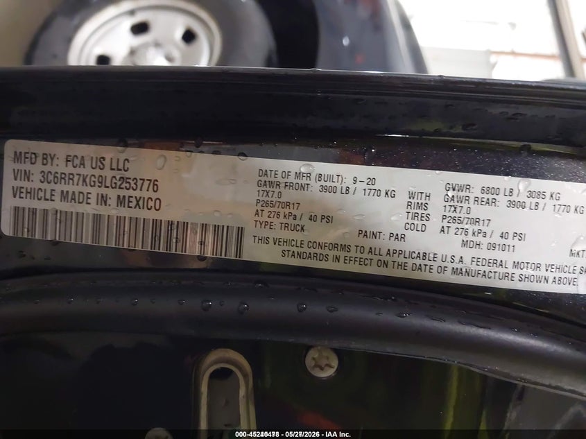 2020 Ram 1500 VIN 3C6RR7KG9LG253776 IAAI salvage auction — FRONT & REAR, SF97 (Kansas), sold $15,700 on 2026-07-09 (photo 9)