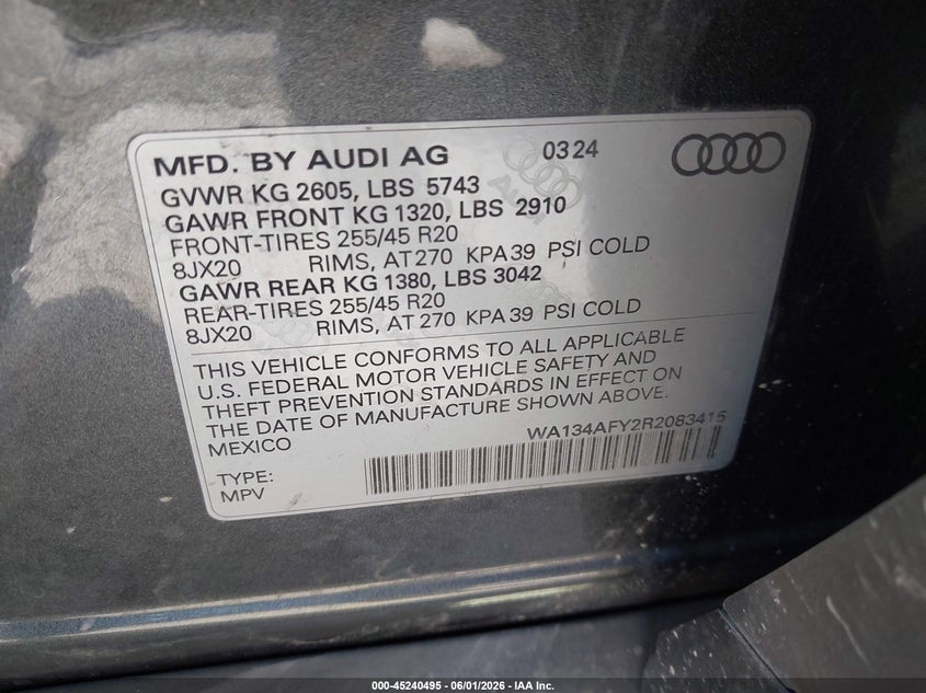 2024 Audi Sq5 sportback VIN WA134AFY2R2083415 IAAI salvage auction — FRONT END, Salvage Title, sold $18,200 on 2026-07-27 (photo 9)