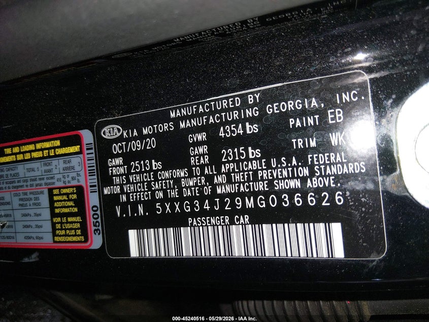 2021 Kia K5 VIN 5XXG34J29MG036626 IAAI salvage auction — REAR END, Wait Title, sold $3,250 on 2026-08-23 (photo 9)