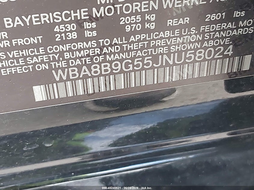 2018 BMW 3er VIN WBA8B9G55JNU58024 IAAI salvage auction — FRONT END, Salvage Title, sold $4,450 on 2026-07-17 (photo 9)