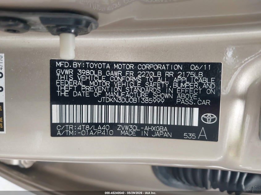 2011 Toyota Prius VIN JTDKN3DU0B1385999 IAAI salvage auction — FRONT END, Rebuildable (Florida), sold $1,400 on 2026-07-08 (photo 9)