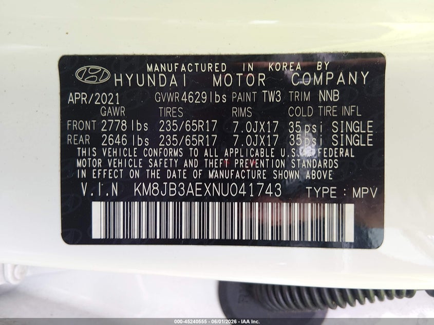 2022 Hyundai Tucson VIN KM8JB3AEXNU041743 IAAI salvage auction — STORM DAMAGE, Salvage (Louisiana), sold $4,300 on 2026-07-28 (photo 9)