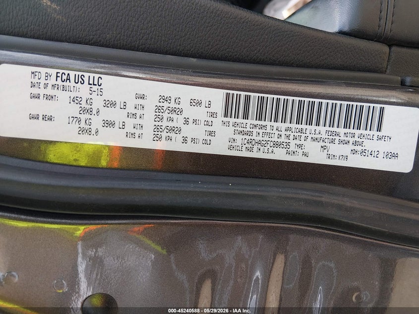 2015 Dodge Durango VIN 1C4RDHAG2FC880535 IAAI salvage auction — FRONT END, Salvage Title, sold $1,000 on 2026-07-09 (photo 9)