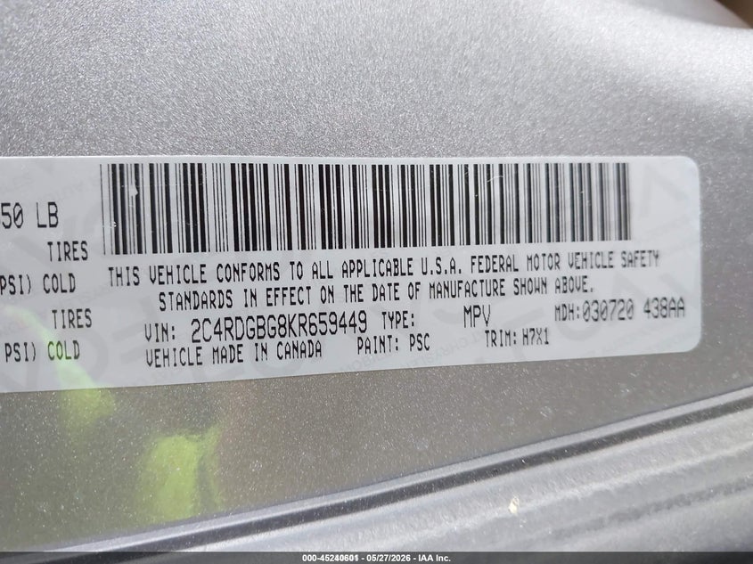 2019 Dodge Grand caravan VIN 2C4RDGBG8KR659449 IAAI salvage auction — HAIL, SF97 (Kansas), sold $9,700 on 2026-07-09 (photo 9)