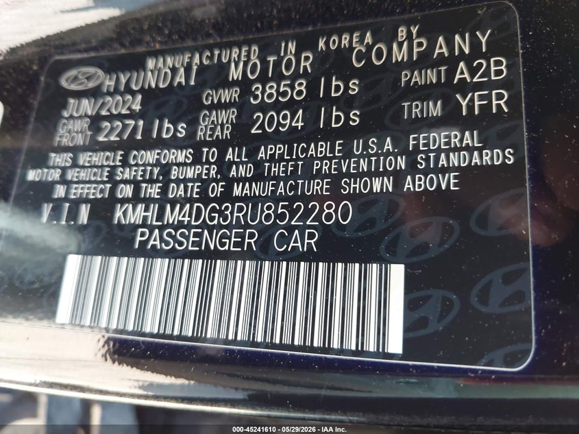 2024 Hyundai Elantra VIN KMHLM4DG3RU852280 IAAI salvage auction — REAR END, Salvage Title, sold $3,750 on 2026-07-30 (photo 9)
