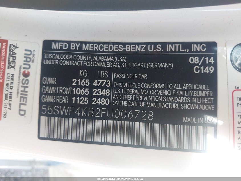 2015 Mercedes-benz C-klasse VIN 55SWF4KB2FU006728 IAAI salvage auction — LEFT SIDE, Salvage Title, sold $7,550 on 2026-08-19 (photo 9)