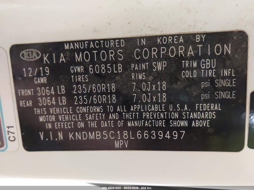 2020 Kia SEDONA VIN KNDMB5C18L6639497 IAAI salvage auction — FRONT END, Salvage Title, sold $2,575 on 2026-07-14 (photo 9)