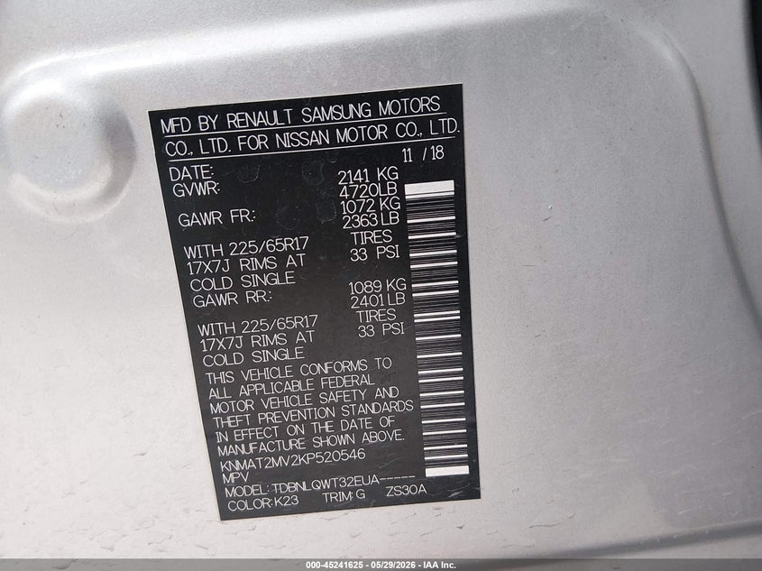 2019 Nissan Rogue VIN KNMAT2MV2KP520546 IAAI salvage auction — FRONT END, Salvage Title, sold $2,650 on 2026-07-30 (photo 9)