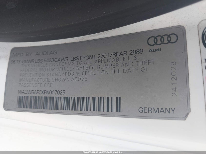 2014 Audi A7 VIN WAUWGAFCXEN007025 IAAI salvage auction — LEFT REAR, Salvage Title, sold $2,125 on 2026-07-29 (photo 9)