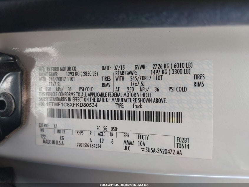 2015 Ford F-150 VIN 1FTMF1C8XFKD80534 IAAI salvage auction — FRONT END, Salvage Title, sold $2,850 on 2026-07-09 (photo 9)