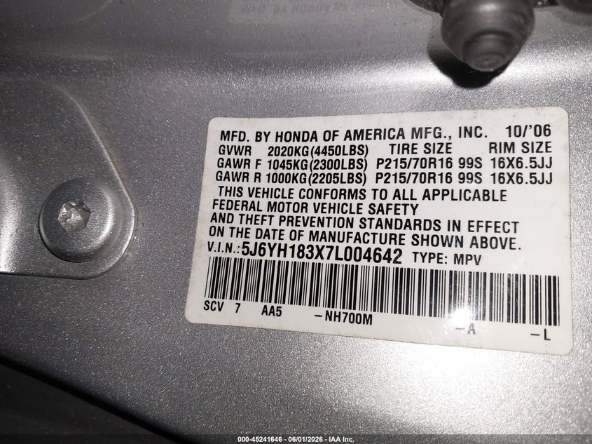 2007 Honda Element VIN 5J6YH183X7L004642 IAAI salvage auction — REAR END, Salvage (Oregon), sold $975 on 2026-07-09 (photo 9)