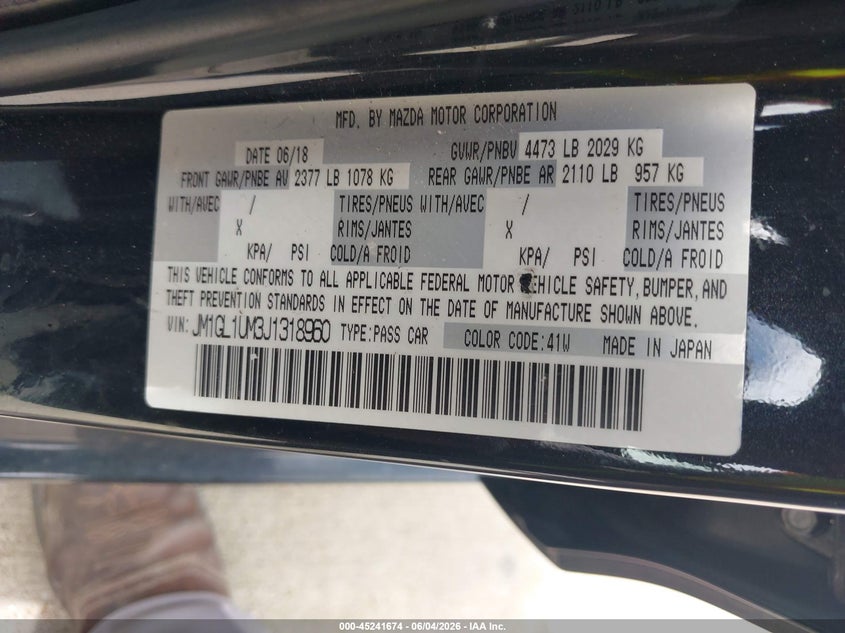 2018 Mazda 6 VIN JM1GL1UM3J1318960 IAAI salvage auction — HAIL, Salvage Title, sold $5,175 on 2026-07-31 (photo 9)