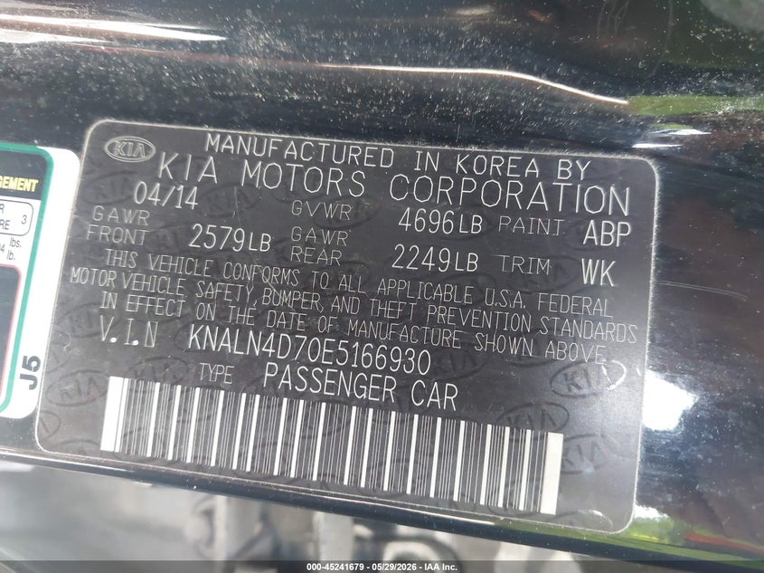 2014 Kia Cadenza VIN KNALN4D70E5166930 IAAI salvage auction — FRONT END, Salvage Title, sold $900 on 2026-07-10 (photo 9)
