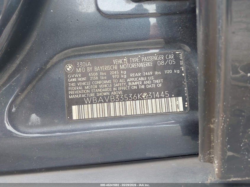 2006 BMW 3 series VIN WBAVB33536KS31445 IAAI salvage auction — RIGHT FRONT, Salvage (Georgia), sold $350 on 2026-07-08 (photo 9)