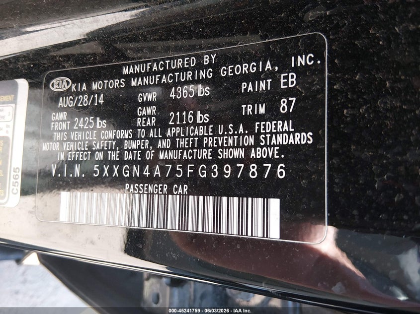 2015 Kia Optima VIN 5XXGN4A75FG397876 IAAI salvage auction — FRONT END, Salvage Title, sold $525 on 2026-07-28 (photo 9)