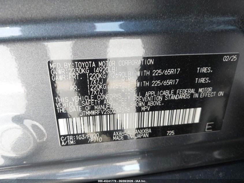 2025 Toyota Rav 4 VIN JTMMWRFV2SD294598 IAAI salvage auction — REAR END, Salvage Title, sold $14,400 on 2026-07-13 (photo 9)