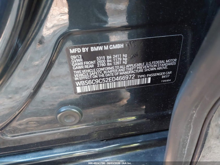 2014 BMW M6 VIN WBS6C9C52ED466972 IAAI salvage auction — RIGHT FRONT, Salvage (Virginia), sold $3,550 on 2026-07-28 (photo 9)