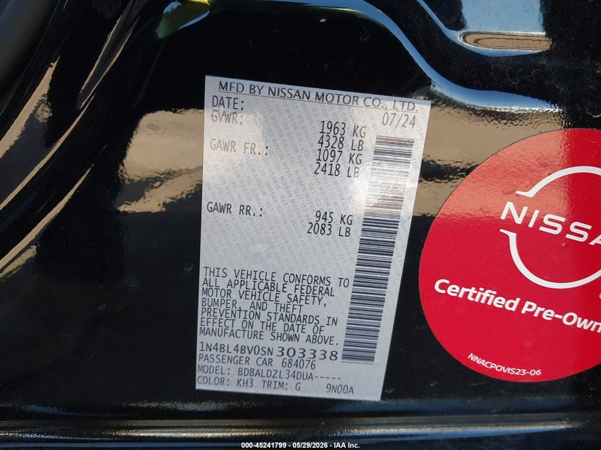 2025 Nissan Altima VIN 1N4BL4BV0SN303338 IAAI salvage auction — LEFT FRONT, Salvage Title, sold $7,600 on 2026-08-01 (photo 9)
