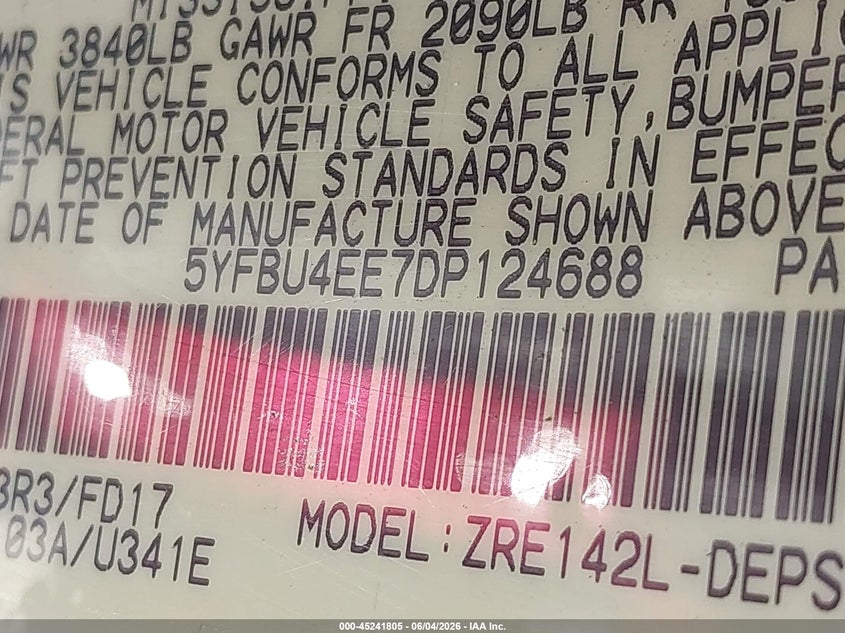 2013 Toyota Corolla VIN 5YFBU4EE7DP124688 IAAI salvage auction — FRONT END, Salvage Title, sold $950 on 2026-07-24 (photo 9)