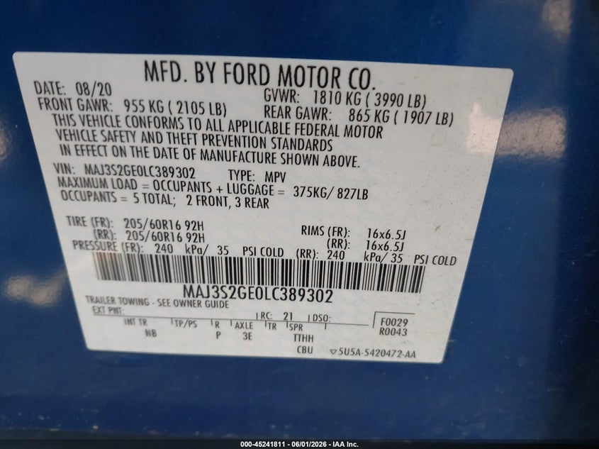 2020 Ford Ecosport VIN MAJ3S2GE0LC389302 IAAI salvage auction — FRONT END, Salvage Title, sold $1,125 on 2026-07-13 (photo 9)
